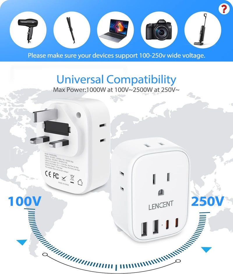 Lencent 3 Pack US to UK Ireland Travel Plug Adapter,Grounded Type G Adapter For Travel with 4 Outlets 4 USB Ports (2 USB C), Power Plug for USA to Dubai Scotland British London England Hong Kong - Image 5